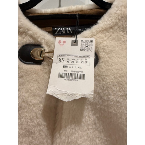Zara Faux Fur Jacket Cream Ecru Cropped Toggle Coat 6318/266/712 Womens XS NEW - Picture 7 of 8
